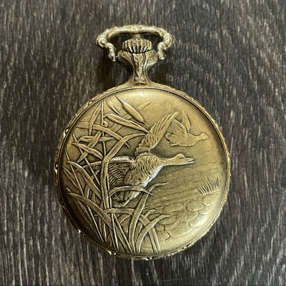 Brass Pocket Watch Bird and Dog Creek River Scene